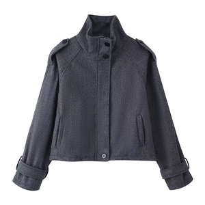 Women's dark grey cropped woolen jacket with stand collar and buttoned epaulette detail