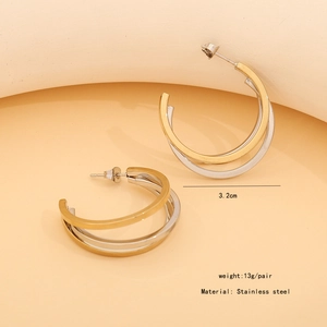 Close-up of three-layer mixed gold and silver stainless steel hoop earrings with size info