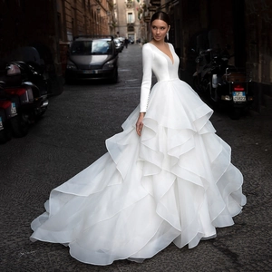 Wedding Dress White Long Sleeve Deep V Neck Tiered Ruffle Tulle Satin Bridal Gown Long Train Backless Elegant For Women