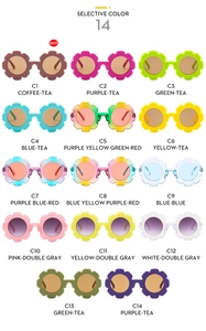 Vertical catalog of flower-shaped children sunglasses in 14 candy colors