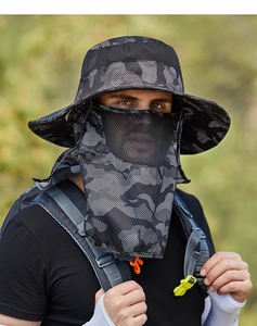 Close-up of camouflage fishing hat with breathable mesh face mask and neck protection