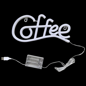 Detail of white Coffee LED neon sign showing USB and battery box dual power supply