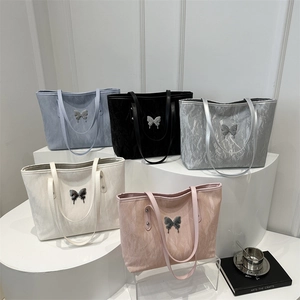Women Fashion PU Leather Tote Bag Crinkled Texture Large Capacity Shoulder Bag With Butterfly Decor Daily Commuter Handbag