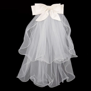 Short double-layered bridal veil with large satin bow and soft wavy mesh edges
