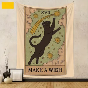 Tarot Cat Wall Tapestry Mystical Moon Sun Star Polyester Fabric Bohemian Aesthetic Art For Bedroom Living Room Decoration