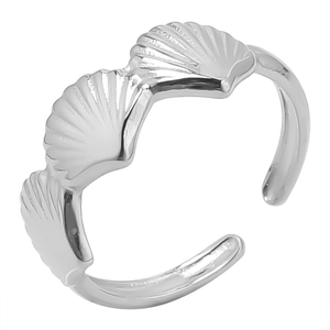 Detailed view of adjustable silver fan shell ring with three engraved scallops