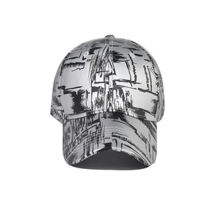 Detail of silver metallic baseball cap with black abstract graffiti and reflective finish