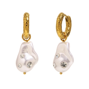 Vintage 18K gold plated hoop earrings with white baroque pearl and clear crystal accents