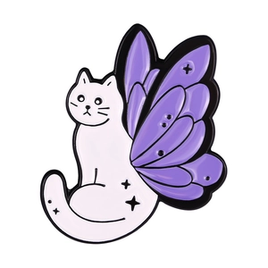 Detail of enamel cat pin with purple butterfly wings and celestial star pattern