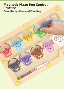 Detail of wooden magnetic color and number sorting maze for kids with stylus control