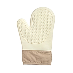 Thickened beige silicone oven mitt with non-slip diamond texture and brown cloth cuff