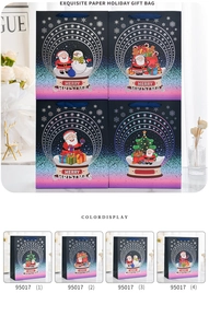 Close-up of four Christmas gift bags with gold foil patterns and reindeer decor