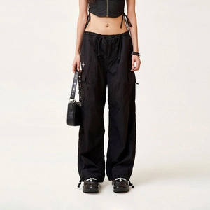 Women Nylon Cargo Pants High Waist Wide Leg Drawstring Paratrooper Trousers Streetwear Pockets