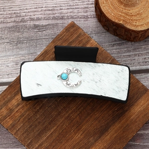 Vintage western style rectangular shark clip with turquoise bead and faux leather texture