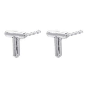 Detailed view of silver T-shaped stud earrings in polished metal on white background