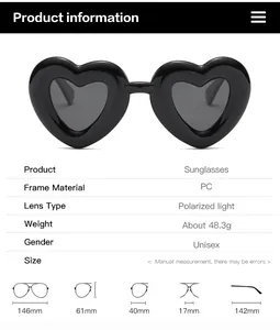 Size chart showing PC frame polarized heart sunglasses dimensions and unisex product weight