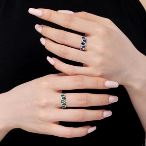Elegant S925 sterling silver heart rings with blue and green zircon on wave band
