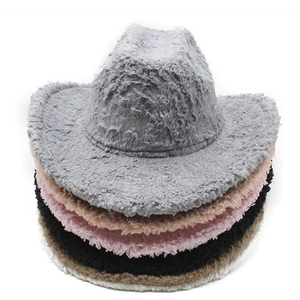 Stack of colorful sherpa western cowboy hats in grey, beige, pink, black and white