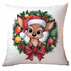 Close-up of festive cartoon reindeer and Christmas wreath print on sofa cushion cover