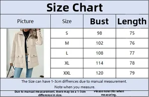 Detailed size chart for solid color double-sided wool jacket with stand collar