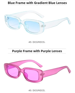 Detail view of rectangular retro sunglasses in blue gradient and purple color options