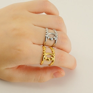 Minimalist Hollow Out Beaded Ring Stainless Steel 18K Gold Plated Geometric Open Adjustable Finger Jewelry For Women
