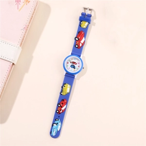 Close-up of blue silicone kids watch band with 3D colorful racing car patterns