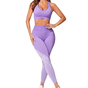 Seamless purple leopard print yoga set with high waist leggings and sports bra