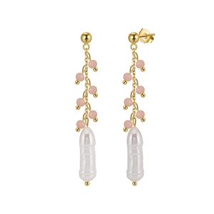 Elegant S925 silver fringe earrings with pink gemstones and white baroque pearls