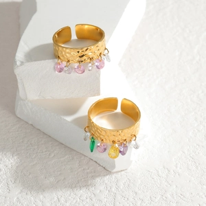 French vintage hammered titanium gold open ring with colorful geometric stone charms