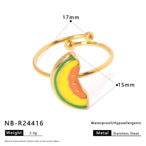 Detailed view of adjustable gold stainless steel ring with colorful fruit slice design