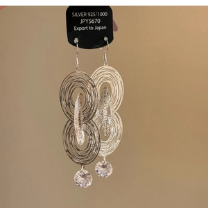 Detailed view of hollow concentric circles S925 silver earrings with sparkling zircon