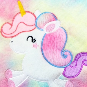 Unicorn plush 11-inch iPad sleeve featuring macaron tie-dye and detailed embroidery