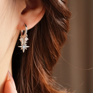 Detail of silver star hoop earring with sparkling clear and light blue zircon stones
