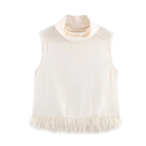 Women Sleeveless Top Satin Polyester Padded Shoulder Fringe Hem Mock Neck Solid Color Elegant Blouse