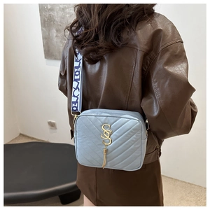 Close-up of light blue crossbody camera bag with gold SS charm and wide woven strap