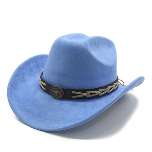 Sky blue suede cowboy hat detail featuring a leather band and vintage bull head metal buckle