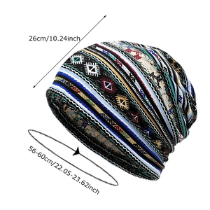 Ethnic bohemian beanie hat with geometric pattern and size specifications shown