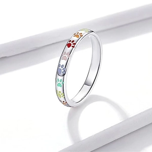 Detailopname van een zilveren ring met kleurrijke geëmailleerde dierenpootafdrukken