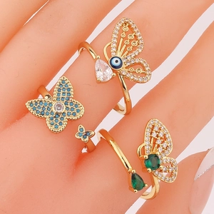 Adjustable gold plated butterfly ring set with colorful zircons and vibrant enamel details