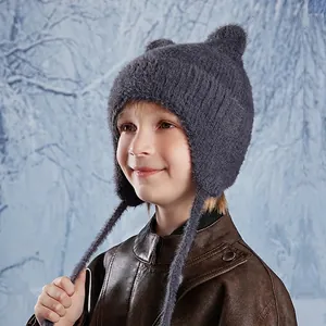 Kids warm winter knit hat with cute bear ears and earflaps in dark gray color