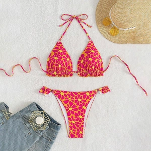 Floral Print Halter Bikini Top And Bottom With Ruffle Trim Padded Swimsuit For Women Summer Beach Vacation Swimwear