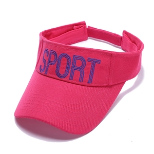 Macro view of blue SPORT embroidery on rose red outdoor running sun visor cap