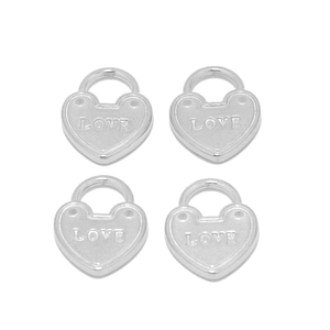 Set of four heart-shaped stainless steel lock pendants engraved with LOVE on white background