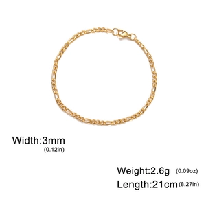 Detailed view of 3mm gold-plated Figaro chain bracelet with specifications on white background