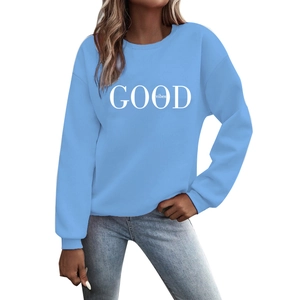 Blue crewneck sweatshirt with GOOD vibes print on front for a trendy summer streetwear look