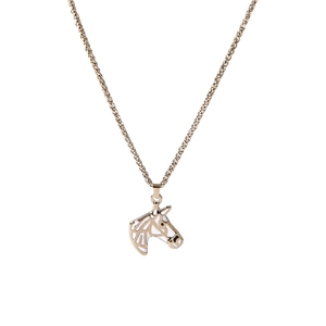 Polished zebra head pendant necklace in gold and white enamel on a clean white background