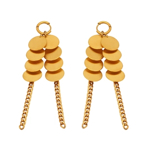Boucles d'oreilles pendantes en acier doré avec disques brossés et pompons