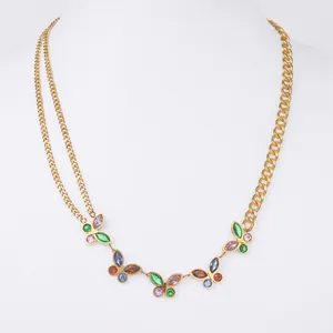 Collana a Farfalla in Acciaio Inossidabile Vintage Francese per Donna Gioielli con Catena a Maglia con Nappina in Strass Multicolore Oro