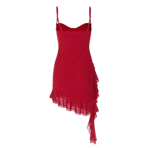 Detail of red sequined bodycon dress featuring asymmetric ruffled hem and delicate straps